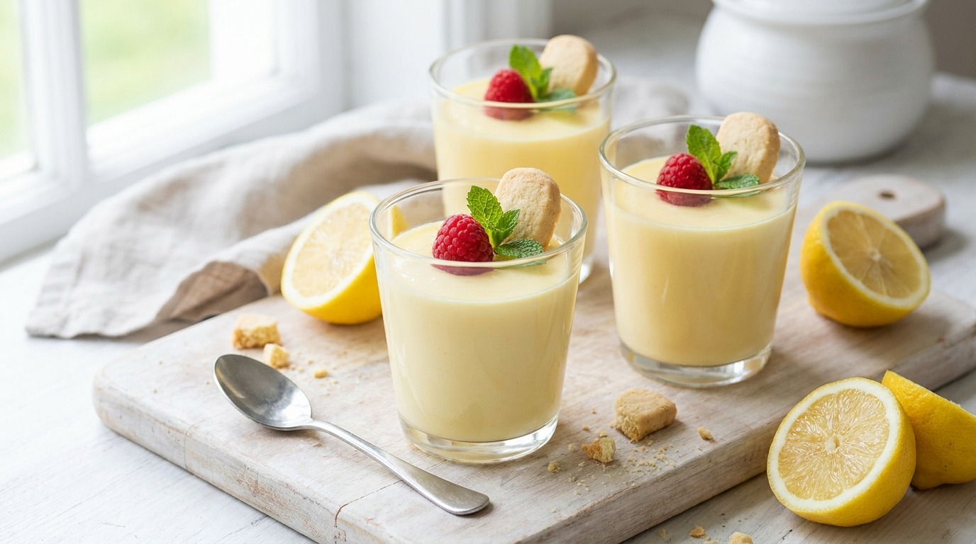 Silky lemon posset served in small glasses with shortbread on the side