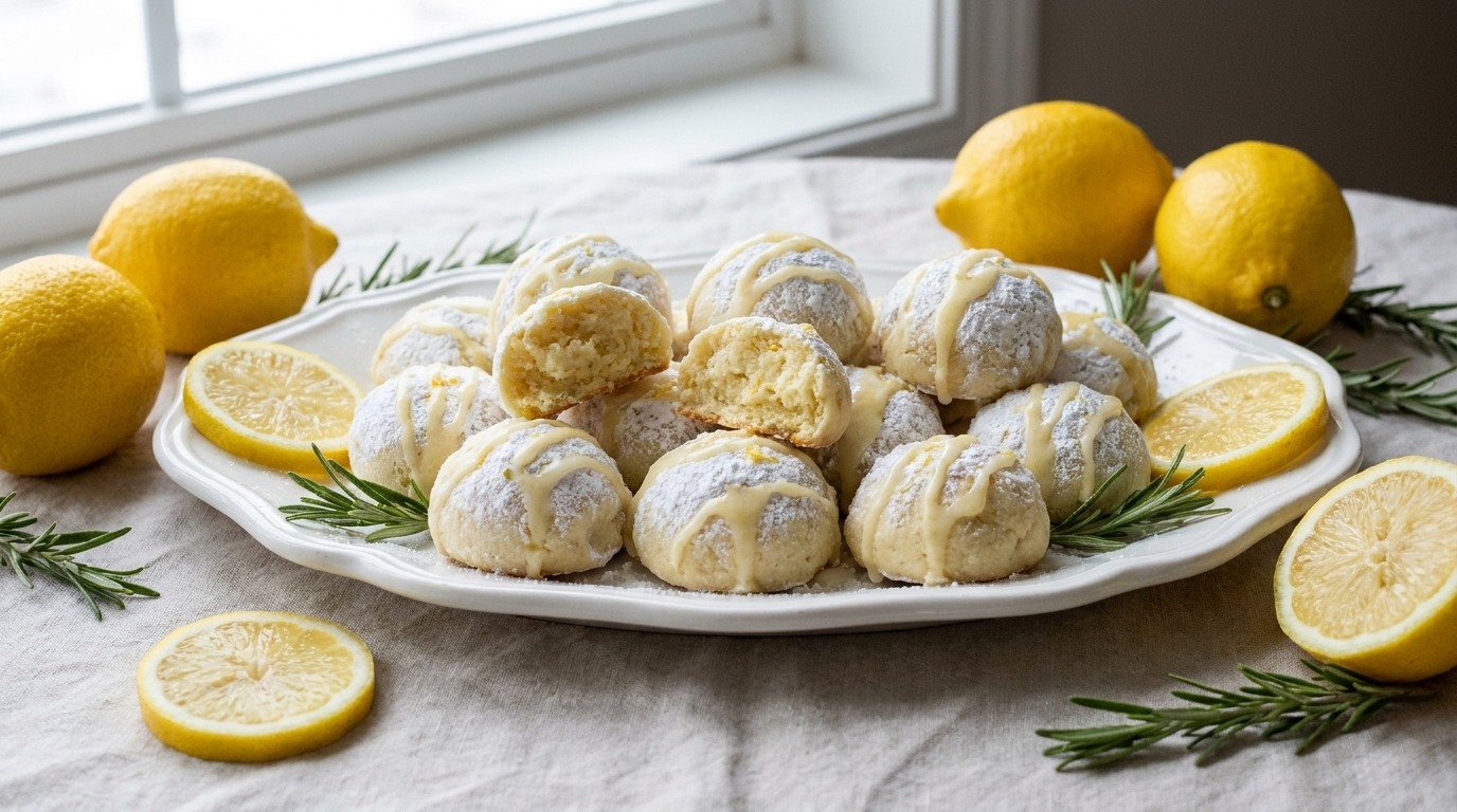 Powdered sugar snowball cookies piled on a plate with fresh lemons
