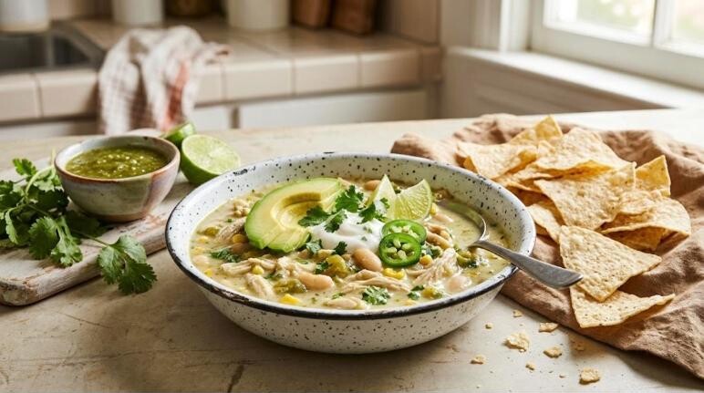 Viral soups: salsa verde white chicken chili with avocado