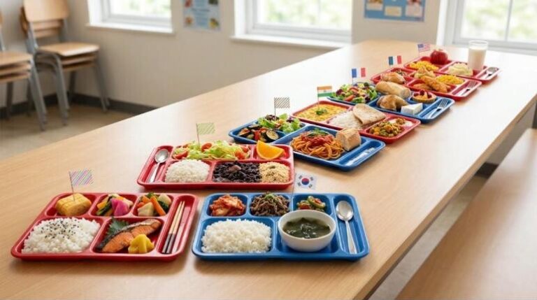 School lunches from around the world on colorful cafeteria trays with small flags