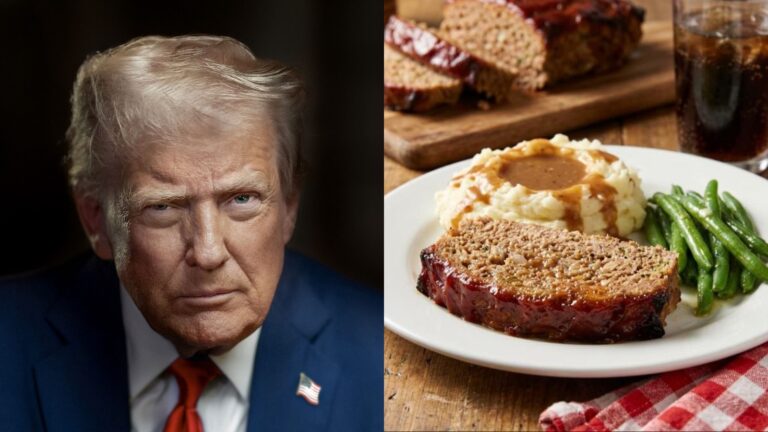 Donald Trump official portrait beside a homemade meatloaf dinner with mashed potatoes