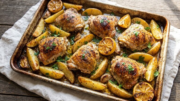 Lemon chicken sheet pan with golden chicken thighs, lemony potato wedges and roasted lemon halves
