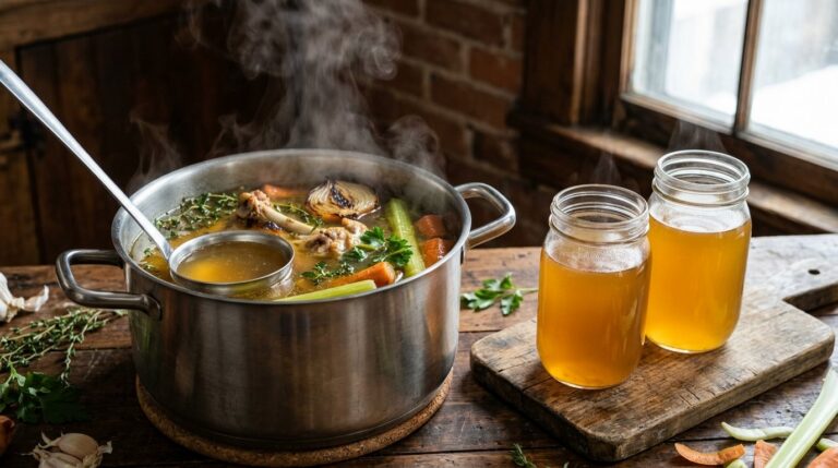 Bone broth simmering in a stockpot with jars of homemade broth