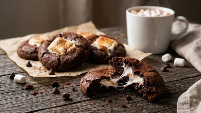 Hot chocolate desserts: cocoa cookies with gooey toasted marshmallow centers and a mug of cocoa