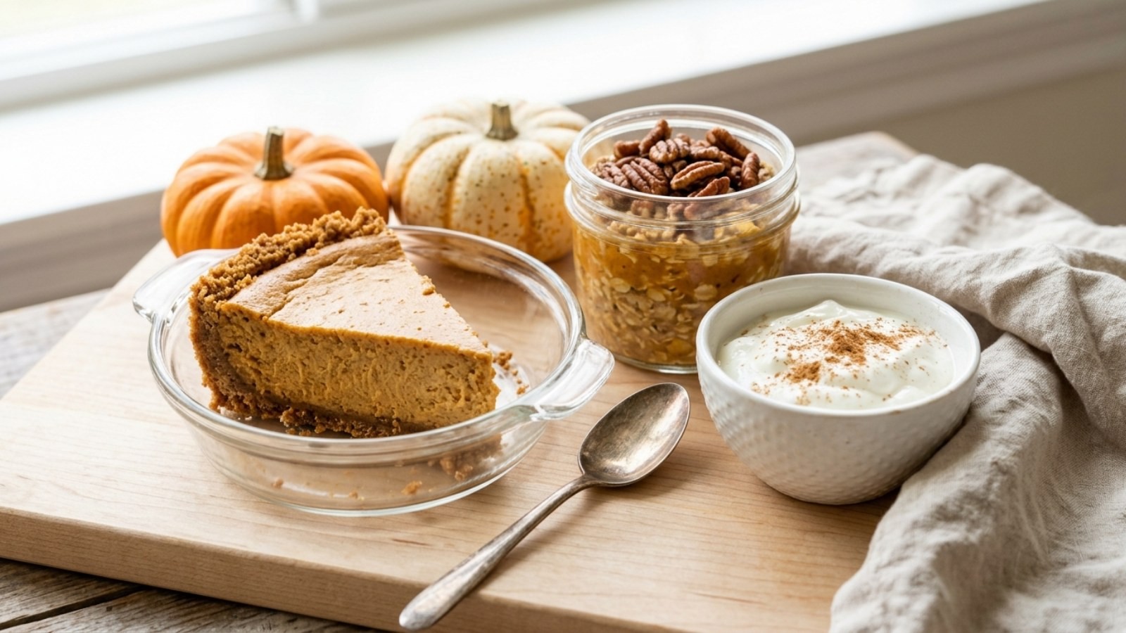 High-protein pumpkin recipes: pumpkin cheesecake, pumpkin overnight oats and Greek yogurt on a wooden board