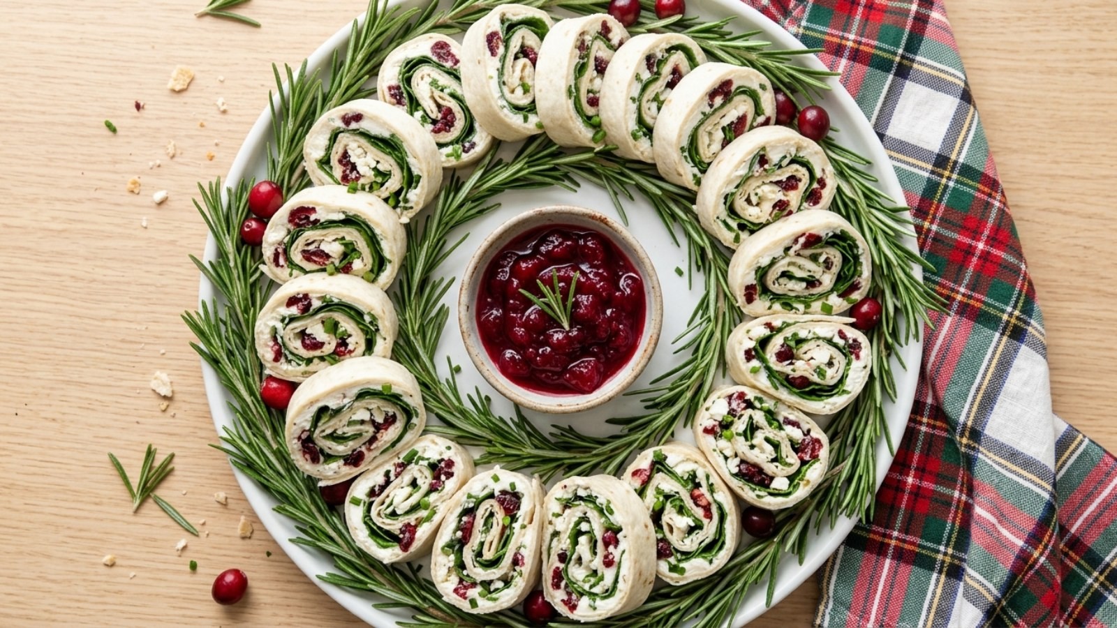 Christmas pinwheels: cranberry feta tortilla pinwheels arranged in a wreath on a white platter