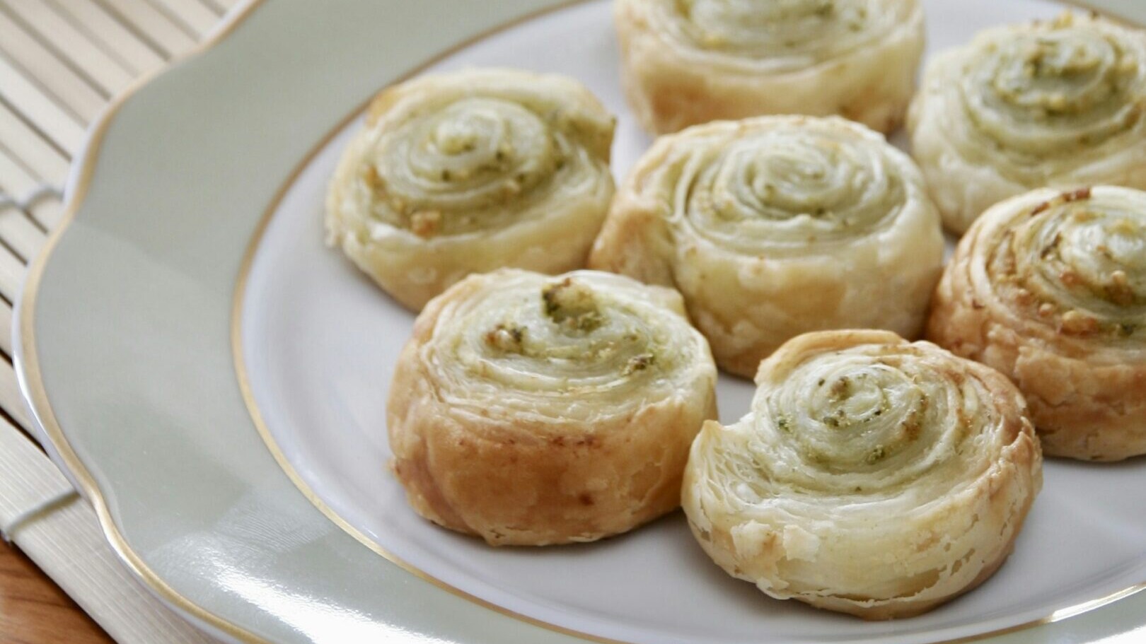 Christmas pinwheels: baked puff pastry pinwheels on a plate