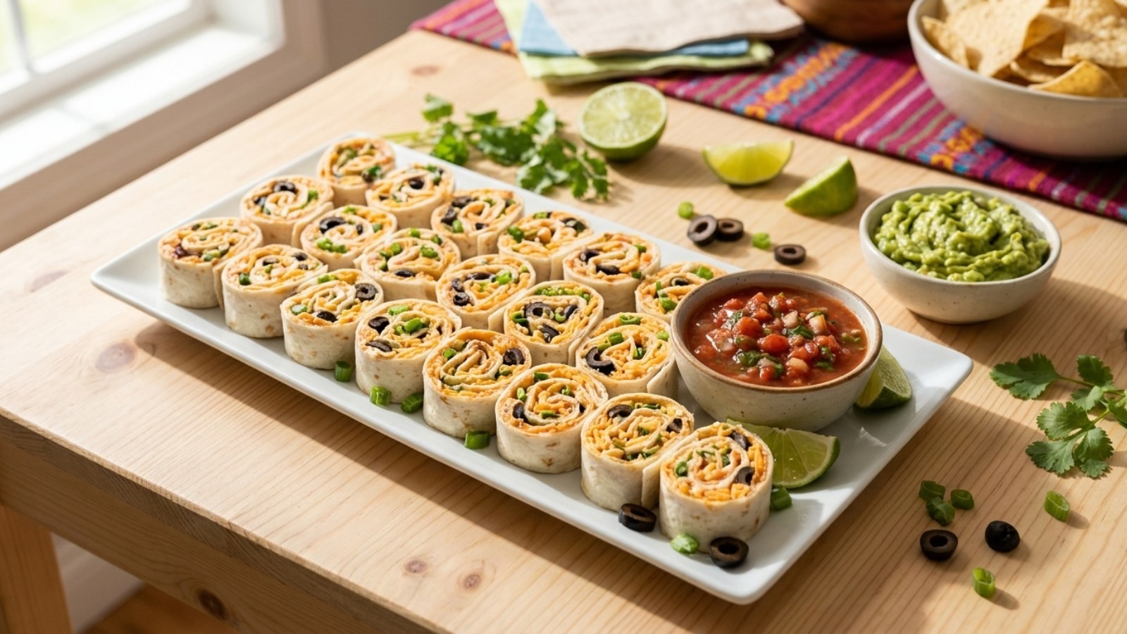 AI image of taco tortilla roll slices with salsa on a platter