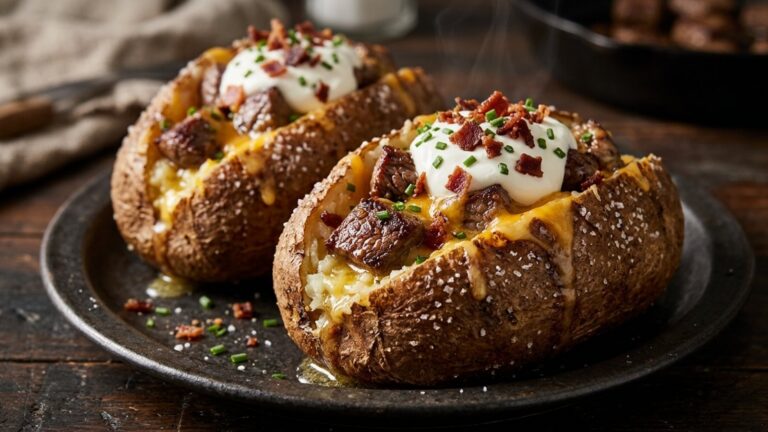 Loaded baked potatoes: crispy russet potatoes split open with garlic butter steak bites, cheddar and sour cream