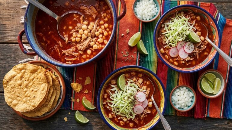 Pozole recipes: bowls of red pork pozole with hominy, cabbage, radishes and lime