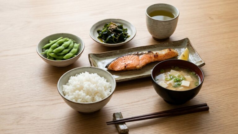 Japanese diet supper of grilled salmon, rice, miso soup, edamame and seaweed salad on a wooden table