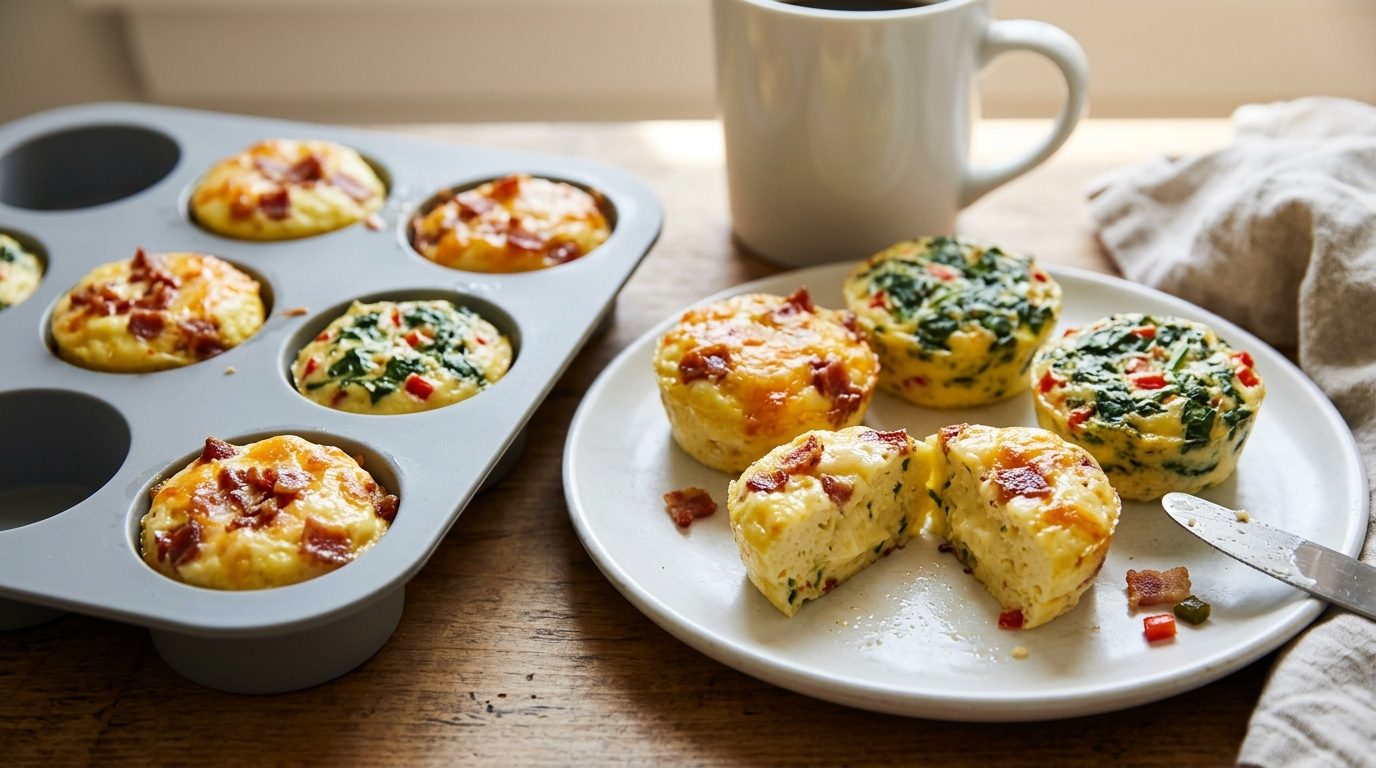 Egg bites with bacon, cheese, spinach and red pepper on a plate and in a silicone mold
