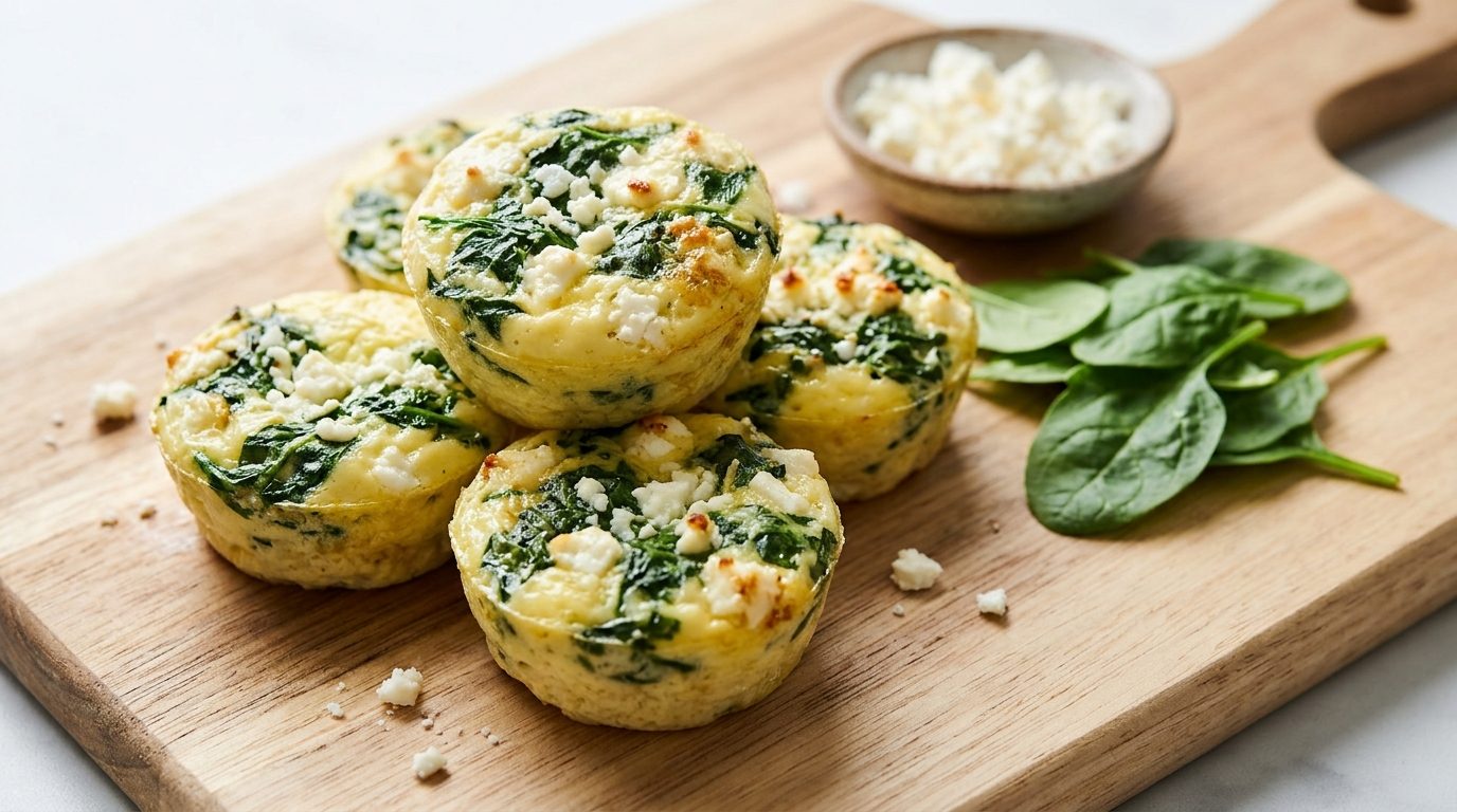 Spinach and feta breakfast cups on a wooden board