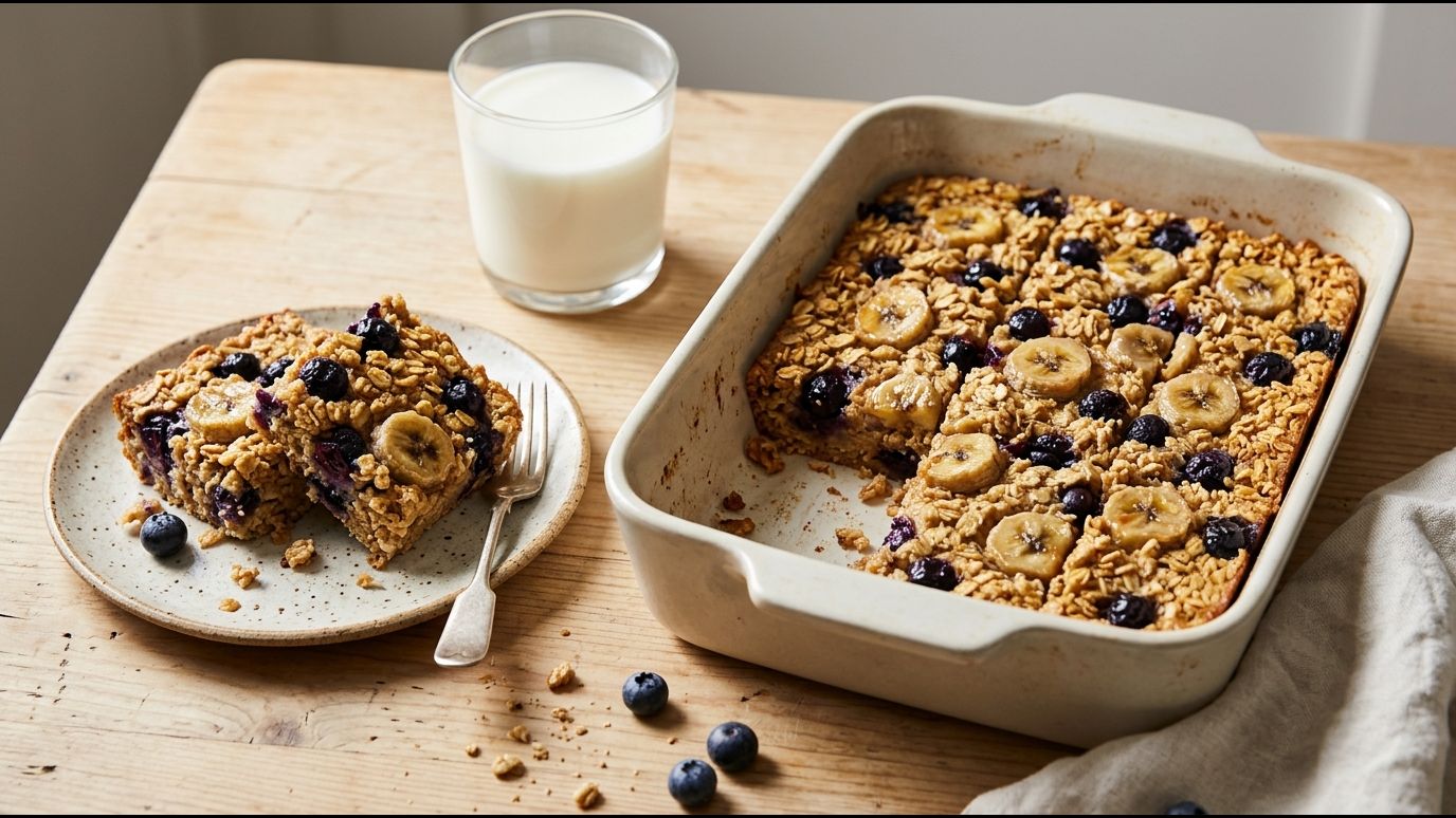 Baked oatmeal squares with blueberries and banana