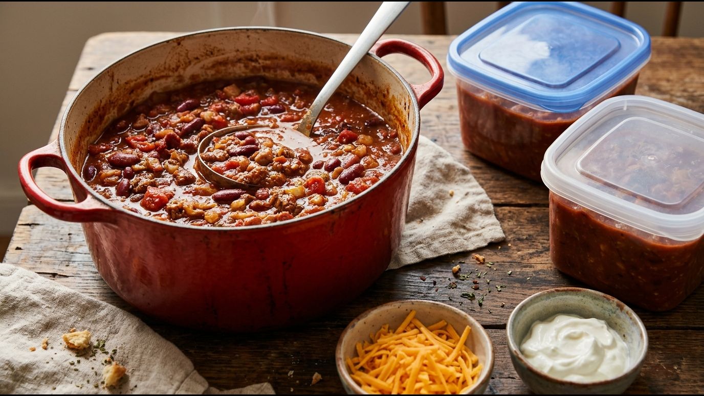 Freezer meals for new moms: a pot of beef and bean chili with freezer containers