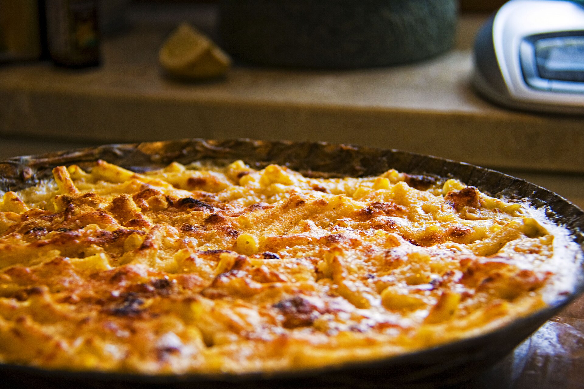 Baked macaroni and cheese with a golden top