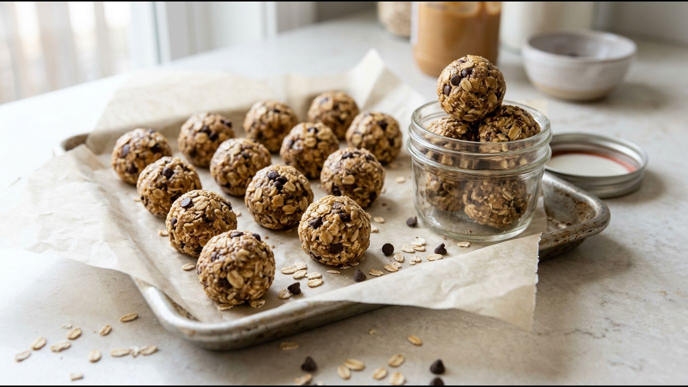 No bake oat and peanut butter energy bites on parchment