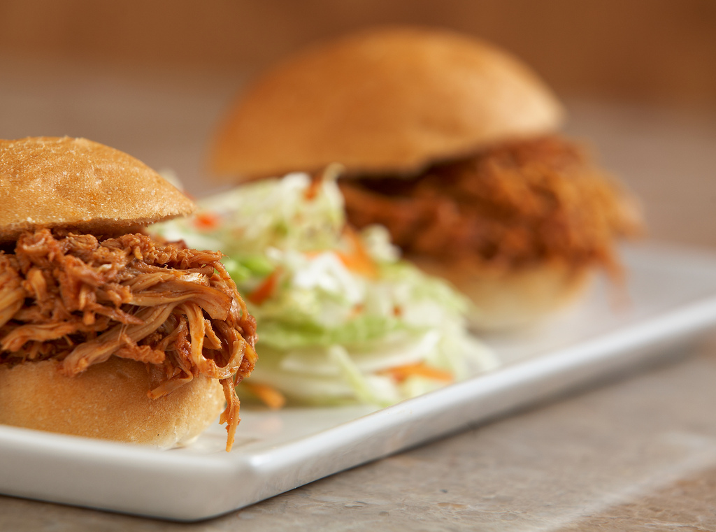 Shredded barbecue chicken sliders with coleslaw