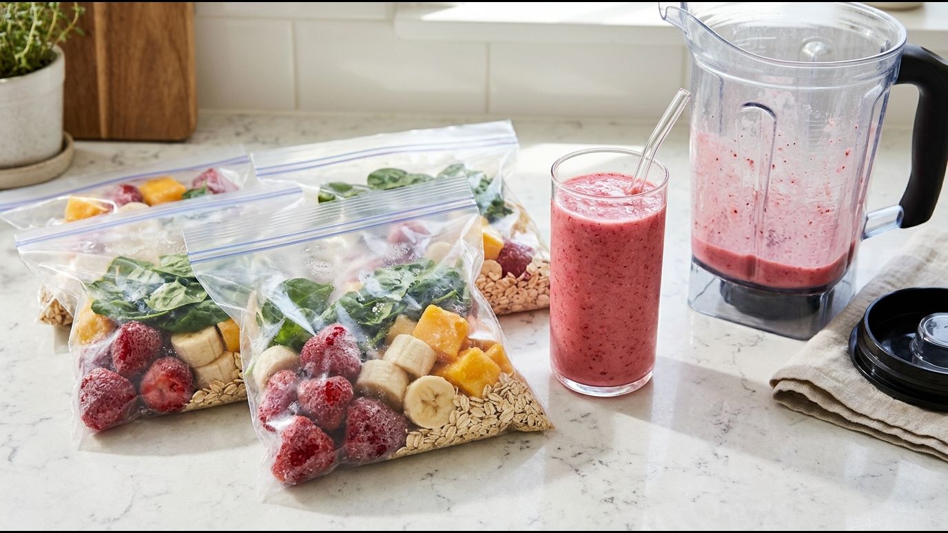 Smoothie freezer packs with fruit and spinach next to a blender