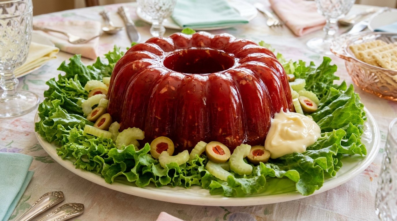 Grandparents' foods: a red tomato aspic ring on lettuce leaves