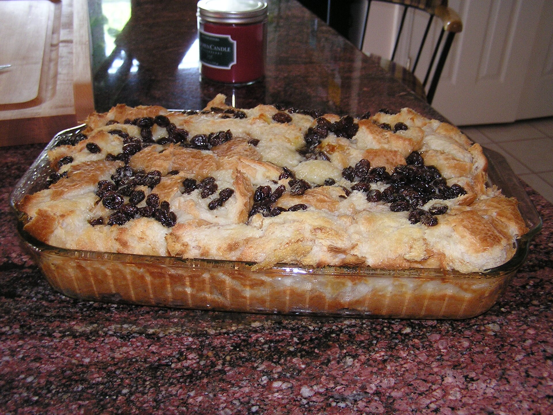 Grandparents' foods: a pan of homemade bread pudding
