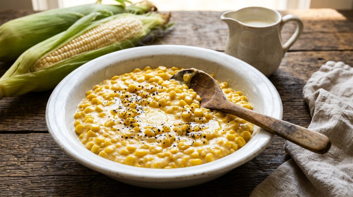 Homemade creamed corn in a white bowl with a wooden spoon