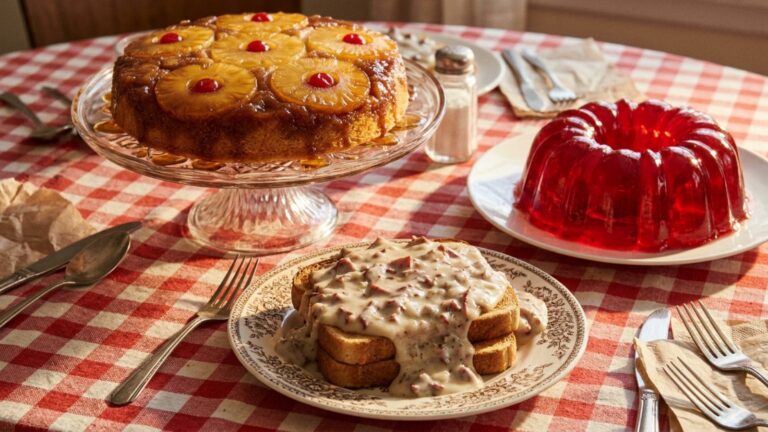Grandparents' foods on a vintage table: pineapple upside-down cake, gelatin salad and chipped beef on toast