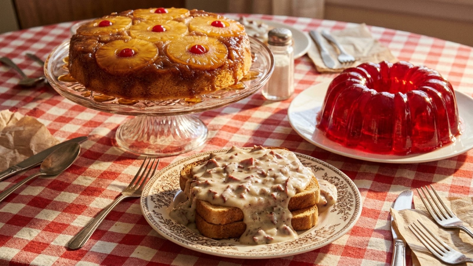 Grandparents' foods on a vintage table: pineapple upside-down cake, gelatin salad and chipped beef on toast