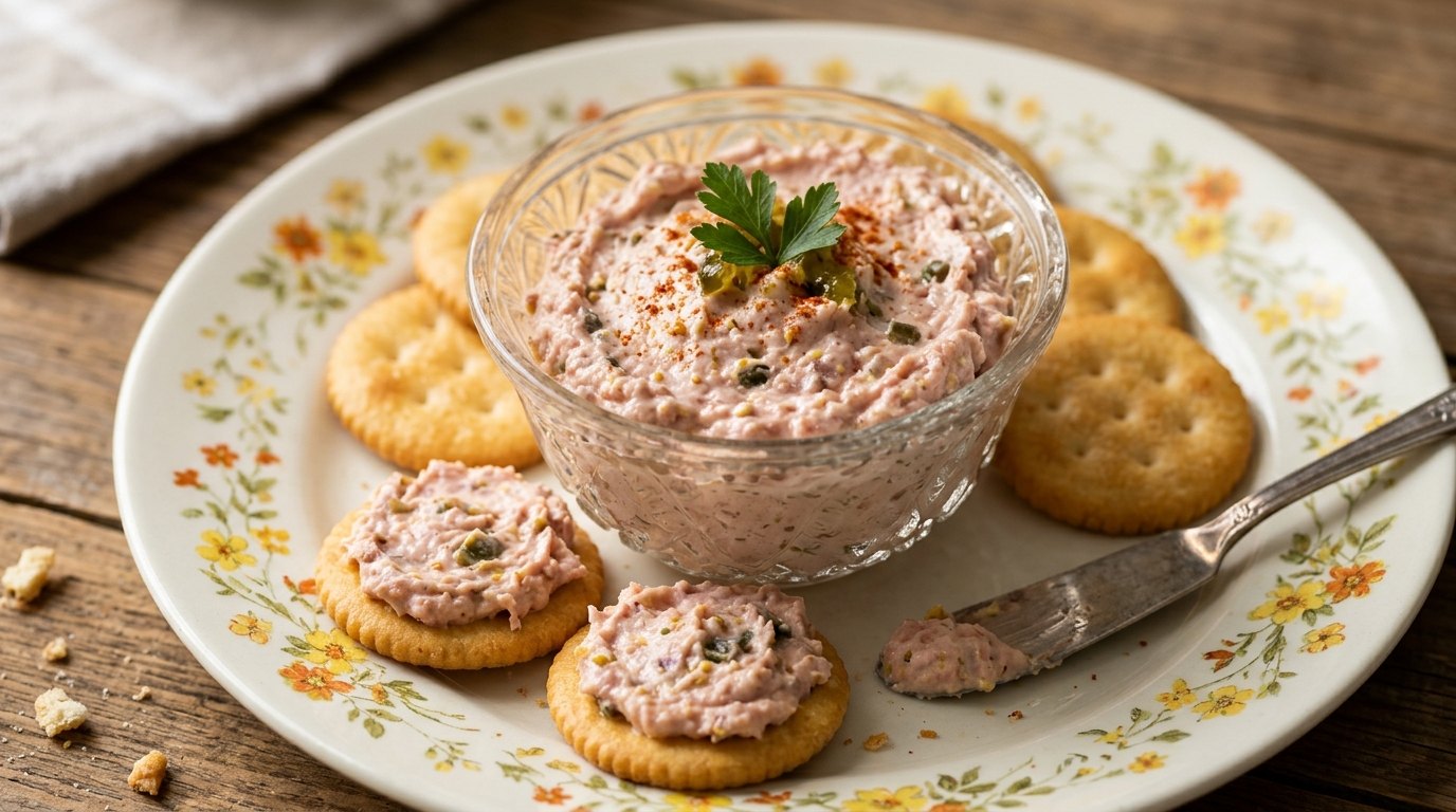 Deviled ham spread on round crackers with parsley