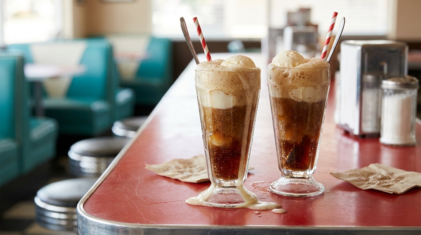 Grandparents' foods: two root beer floats with vanilla ice cream