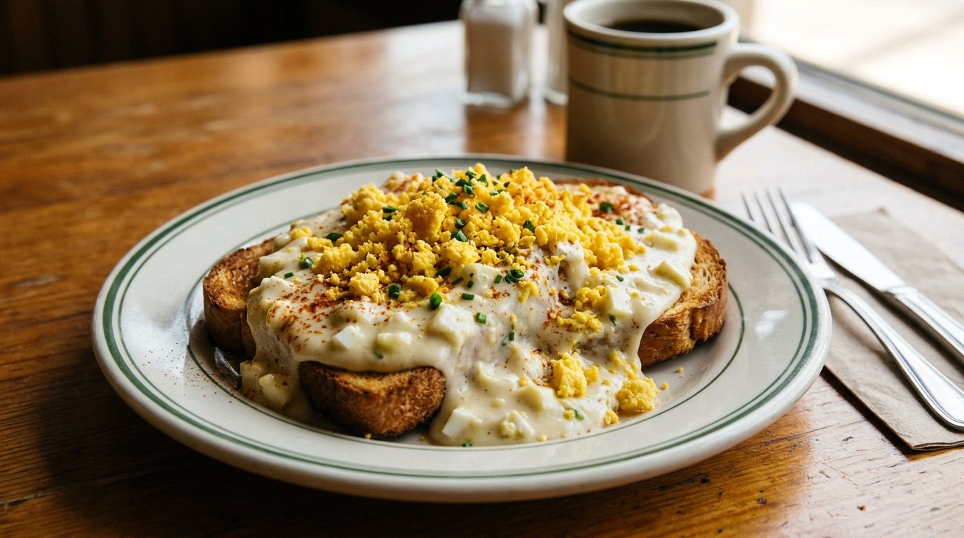 Grandparents' foods: eggs goldenrod on toast with yellow yolk