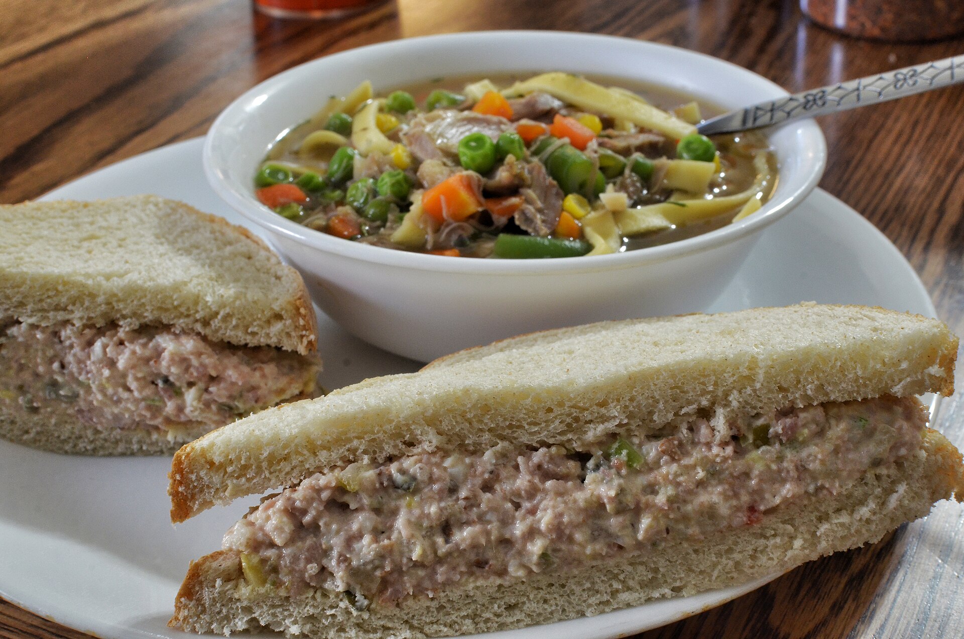 Grandparents' foods: ham salad sandwich with a bowl of soup