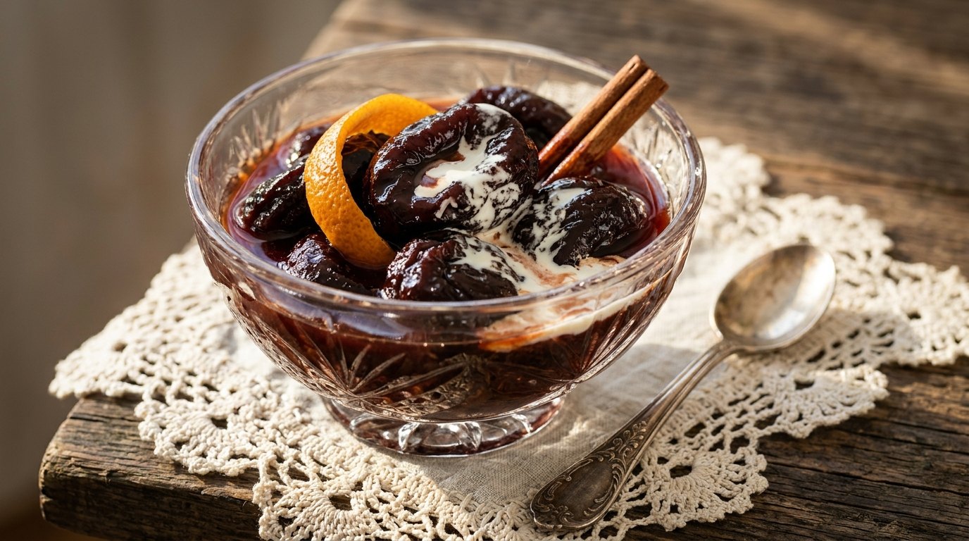 Stewed prunes with cream in a vintage glass bowl