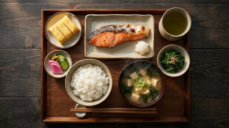 Japanese breakfast tray with grilled salmon, rolled omelet, miso soup, rice and pickles