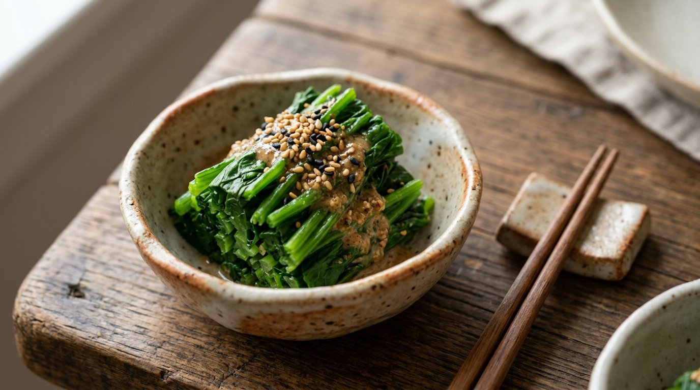 Japanese breakfast side of spinach with sesame dressing