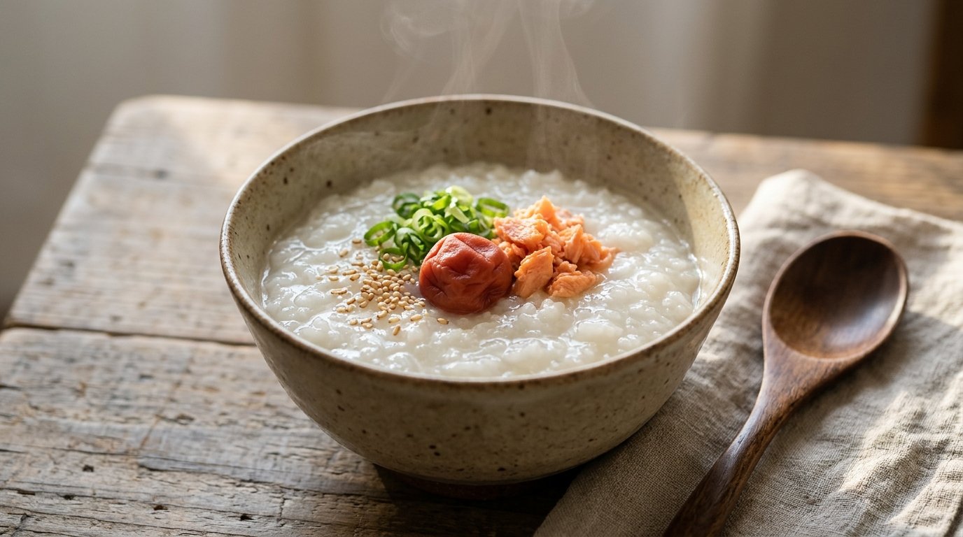 Japanese breakfast okayu rice porridge with toppings