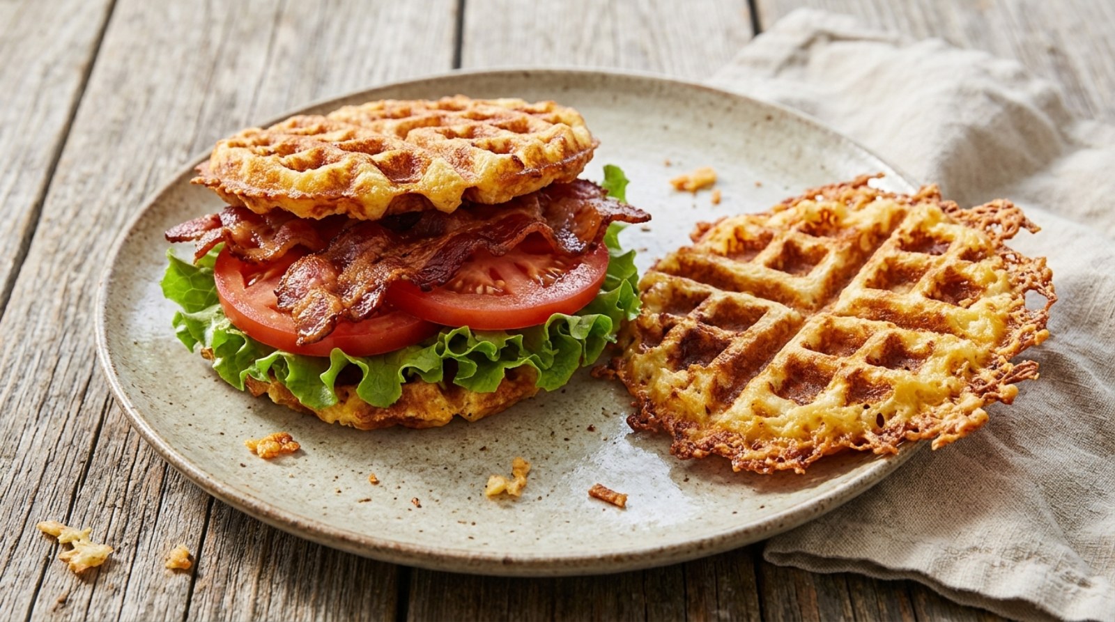 Cheese chaffles made into a BLT sandwich