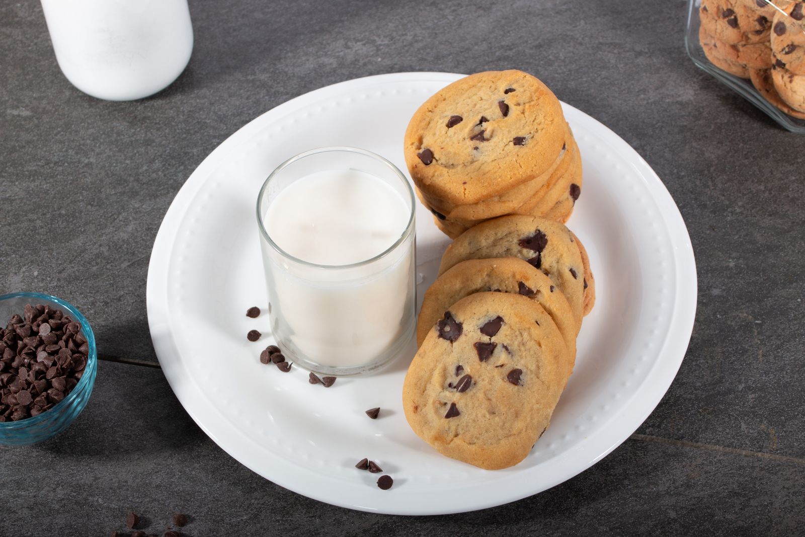 Chocolate chip cookies with a glass of milk