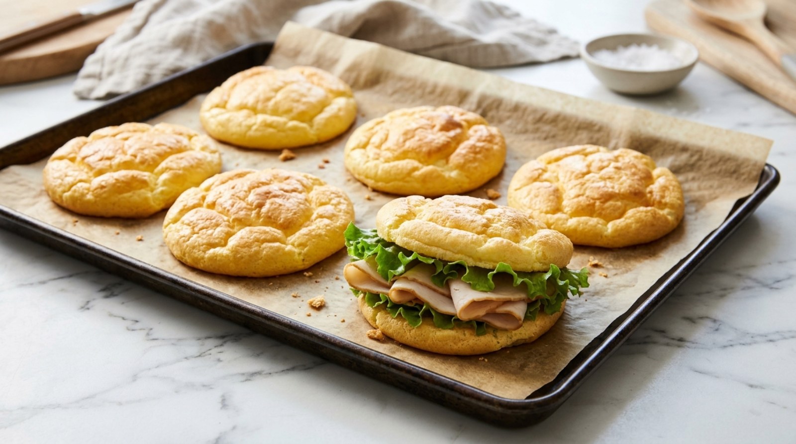 Keto bread rounds of cloud bread on parchment, one filled with turkey and lettuce