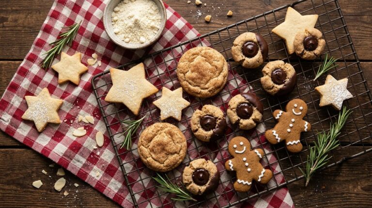 Keto Christmas cookies: almond flour shortbread stars, snickerdoodles, thumbprints and gingerbread men on a cooling rack