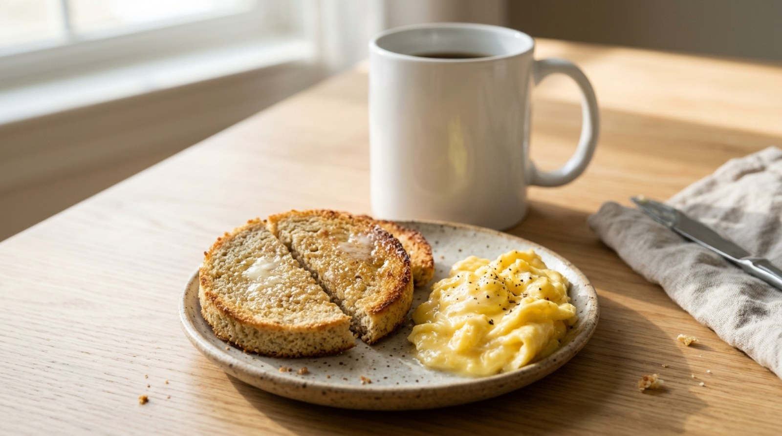 Keto bread from a mug, sliced and toasted with scrambled eggs