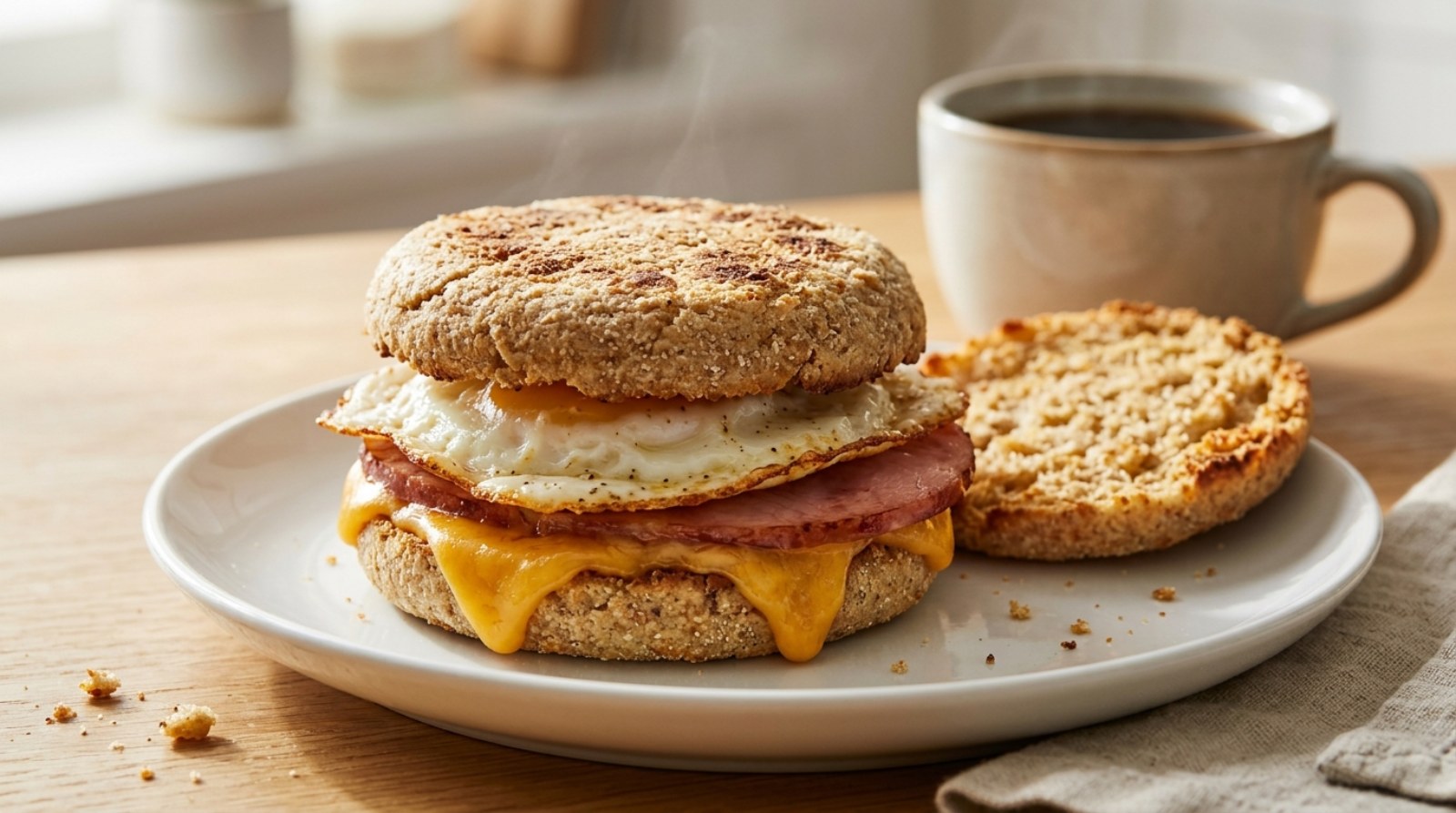 Keto bread English muffin breakfast sandwich with egg, ham and cheddar