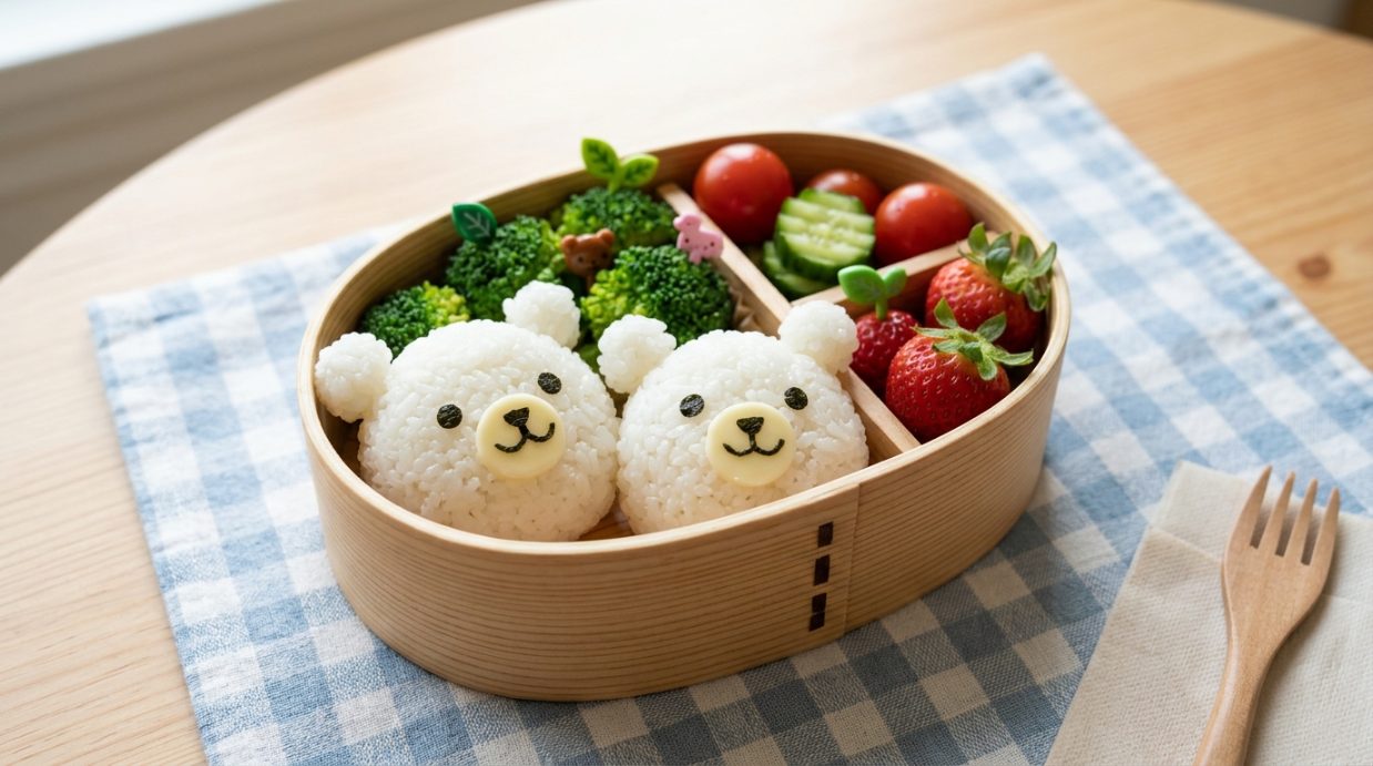 Fun food for kids: bear shaped rice balls in a bento box