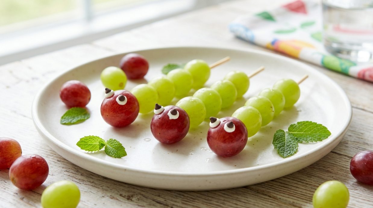 Green grape caterpillars on skewers with a red grape head