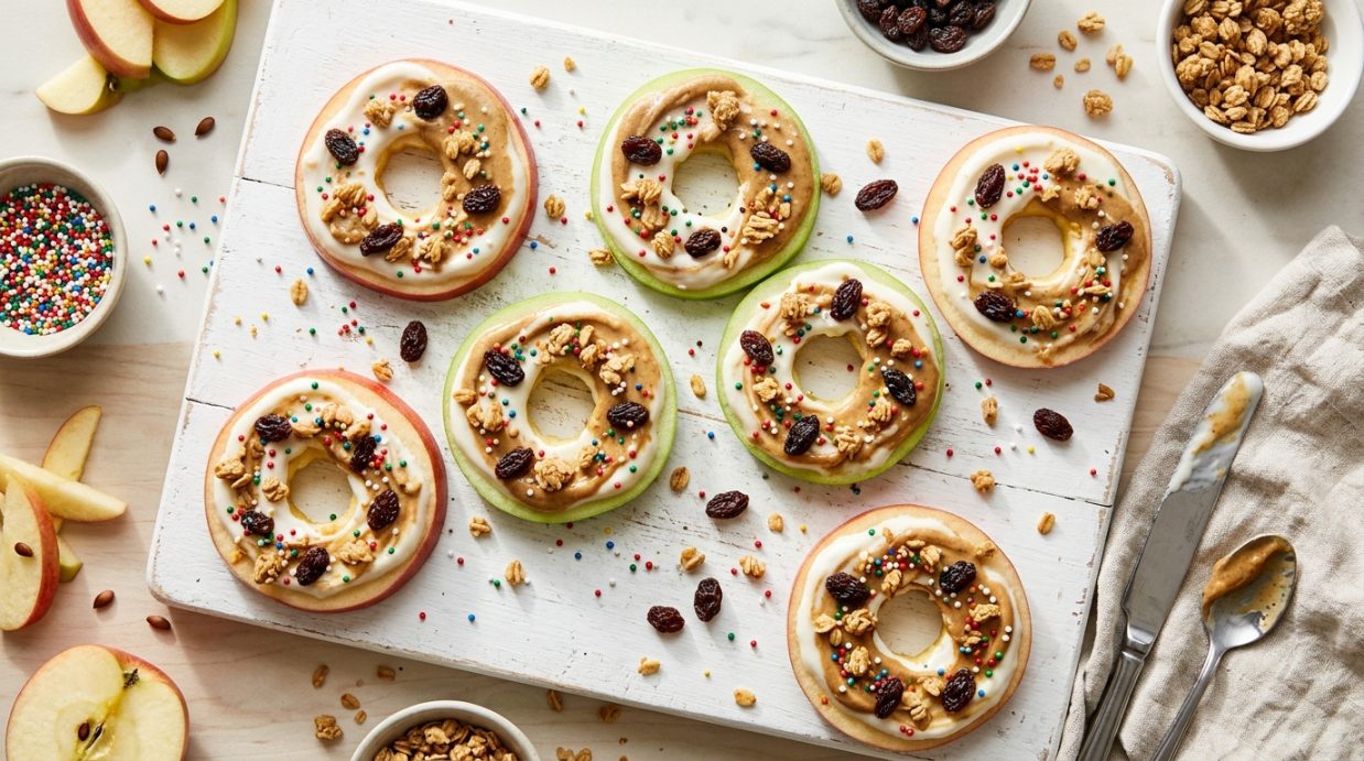 Fun food for kids: apple ring cookies with toppings