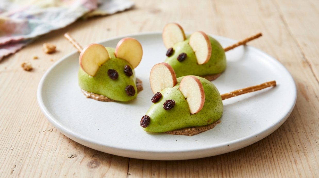 Pear halves decorated like little mice