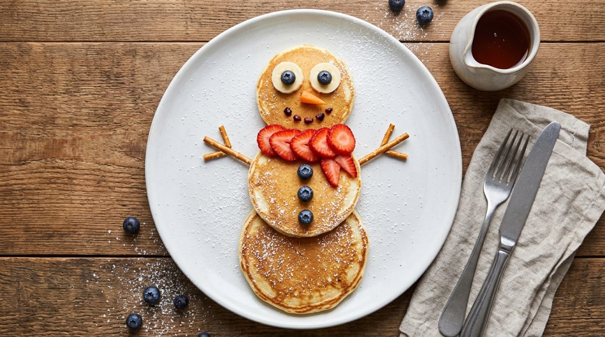 Fun food for kids: a snowman made of three pancakes