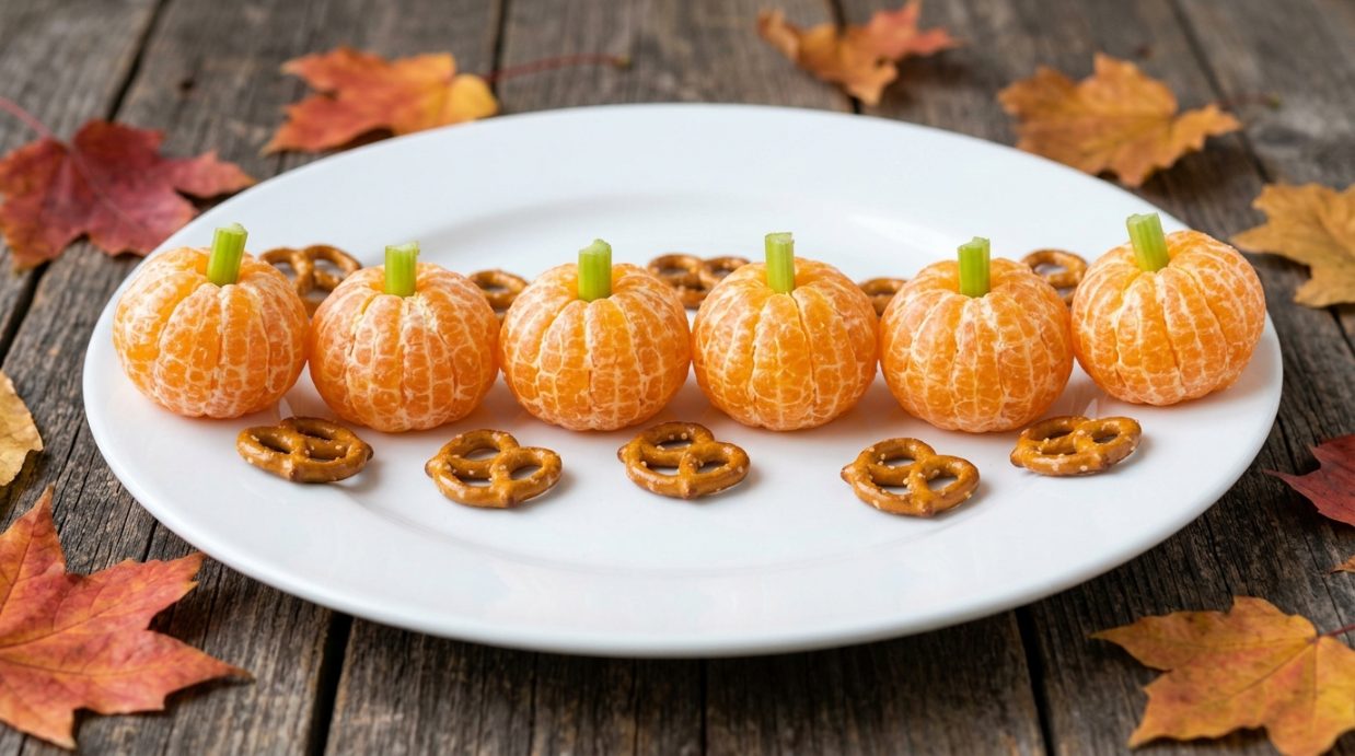 Peeled clementines with celery stems that look like pumpkins