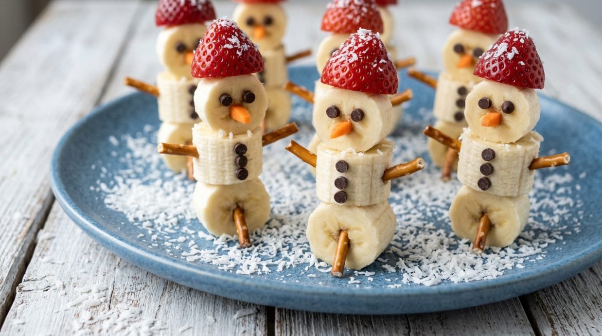 Banana slice snowmen on pretzel sticks with strawberry hats
