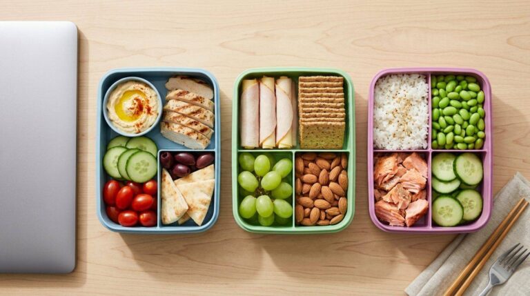 Bento box lunches: Mediterranean, turkey and cheese, and salmon rice boxes on a desk